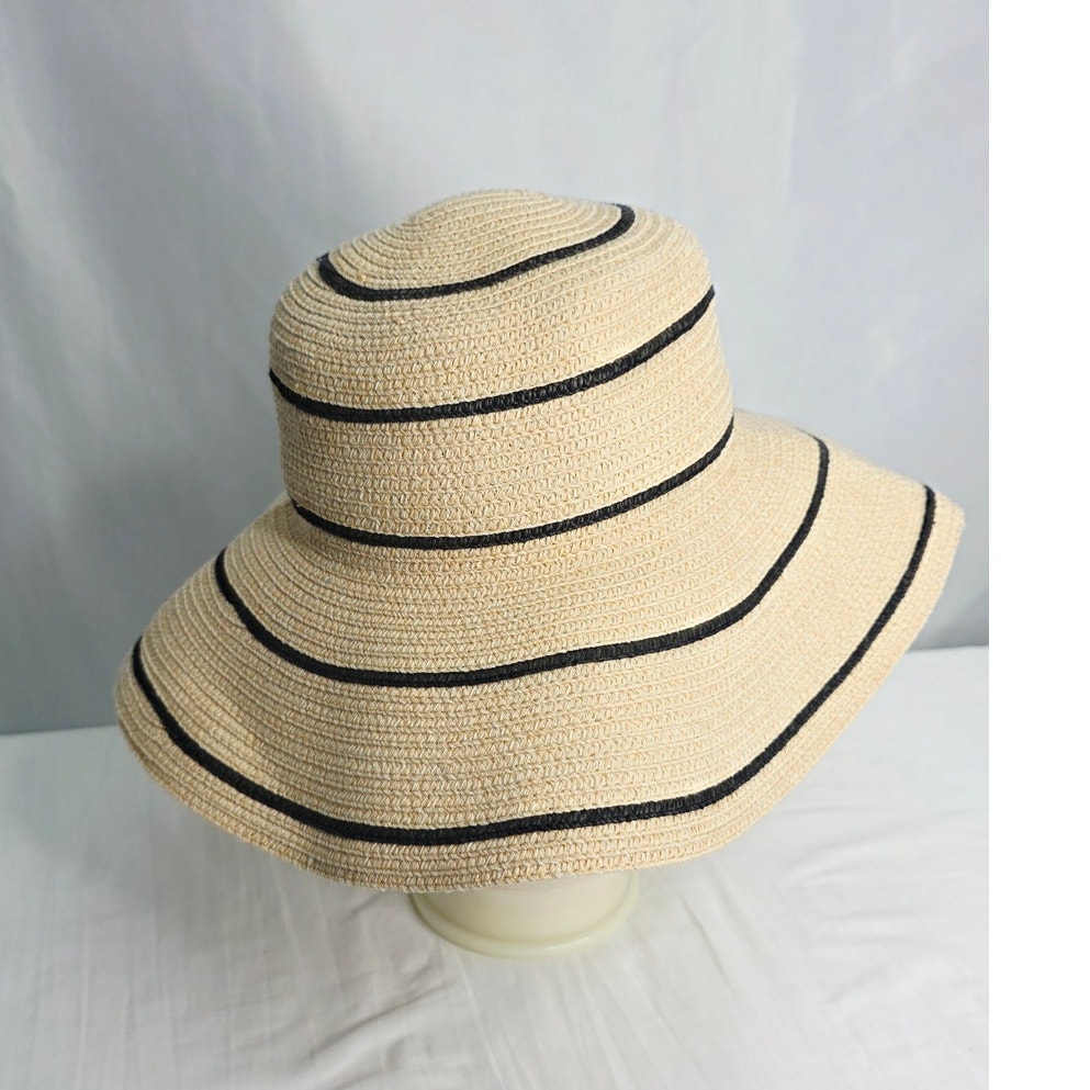 Wallaroo Savannah Wide Brim Sun Hat Beige Black Stripe Paper Braid Packable — image 5 of 8